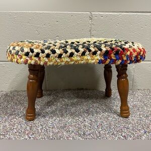 Colorful Crochet Footstool with Wooden Legs
